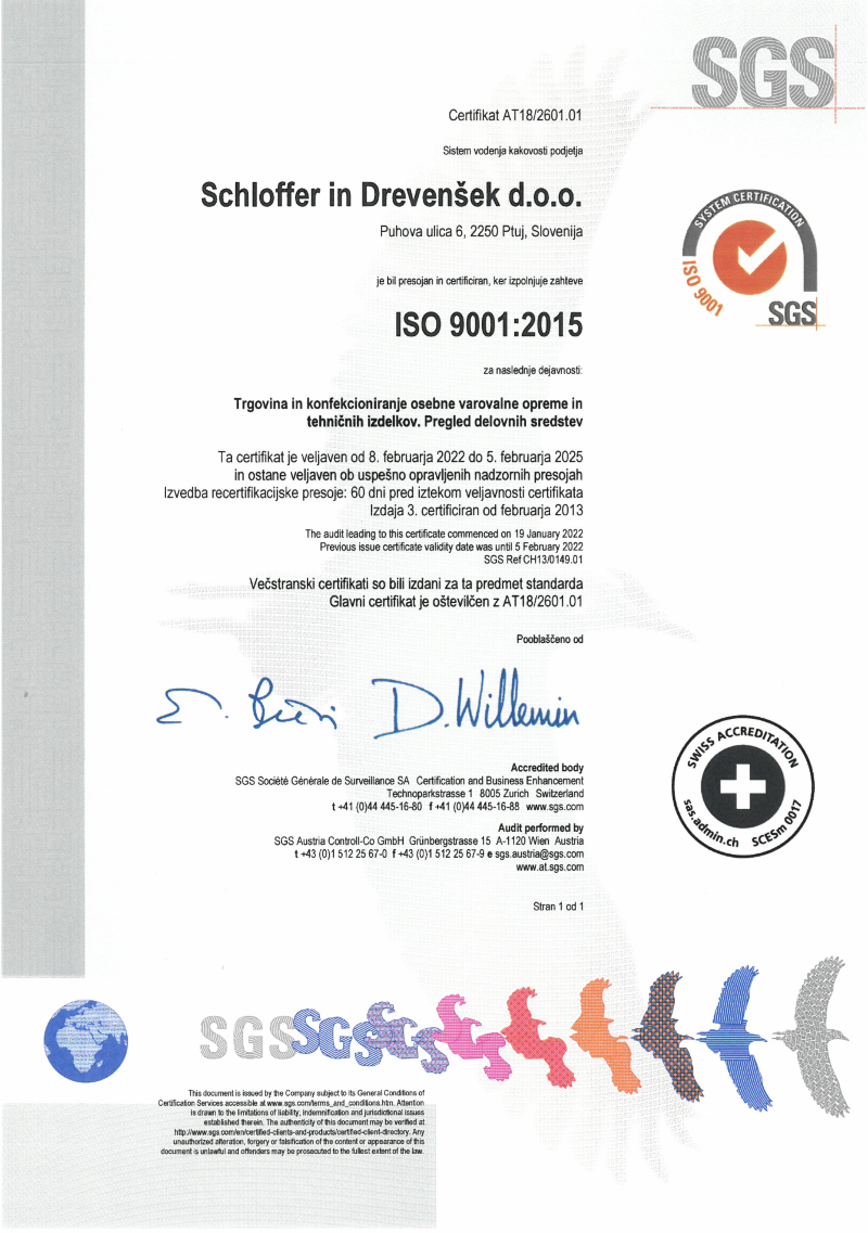 Schloffer ISO 9001 Certifikat